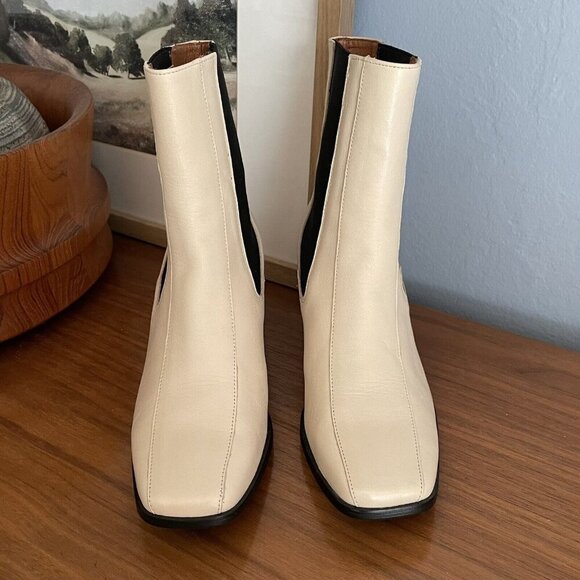 ANGEL ALARCON Made In Spain Leather Block Heel Chelsea Boots Cream - Picture 3 of 11
